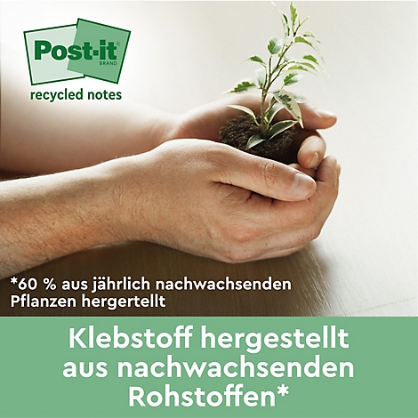 Hände halten eine kleine Pflanze, Text: Post-it recycled notes, Klebstoff aus nachwachsenden Rohstoffen.