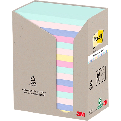 Bunt kariertes Post-it-Notizpapier in einem Karton. Der Karton ist braun und trägt das Logo des Herstellers 3M.