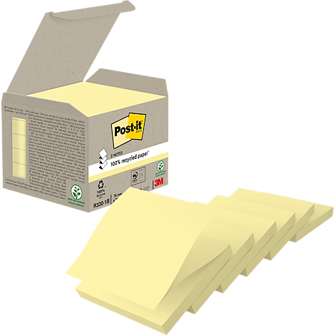 Hellgelbe Post-it-Notizen in Schachtel und gestapelt. Aufschrift 'Post-it' und '100% recyceltes Papier'.