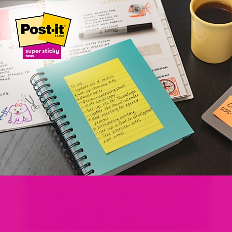 Ein gelbes Post-it-Notizblatt mit handschriftlichen Notizen klebt auf einem türkisfarbenen Notizbuch. Daneben ein Kalender und ein gelber Kaffeebecher.