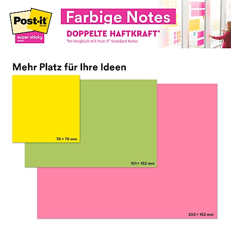 Drei verschieden große, farbige Haftnotizen in Gelb, Grün und Rosa. Im Hintergrund befindet sich eine Anzeige mit Texten.