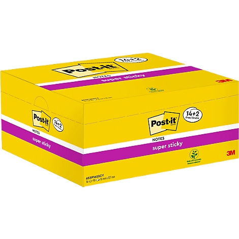 Gelbe Post-it-Notizblockbox mit lila Akzenten. Beschriftet mit "Post-it", "Super Sticky" und "14+2 gratis".