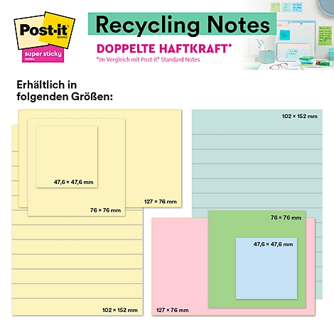 Verschiedene Post-it-Notizen in verschiedenen Größen, darunter gelbe, blaue und pinkfarbene Blöcke, mit dem Text "Recycling Notes".