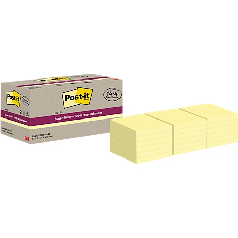 Eine Packung Post-it Zettel und drei Blöcke gelber Haftnotizen.