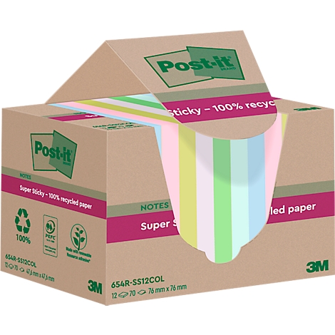 Post-it Haftnotizen in Kartonverpackung. Bunte, vertikal gestreifte Blöcke sind teilweise sichtbar. Aufdrucke: '100% recycelt' und 'Super Sticky'.