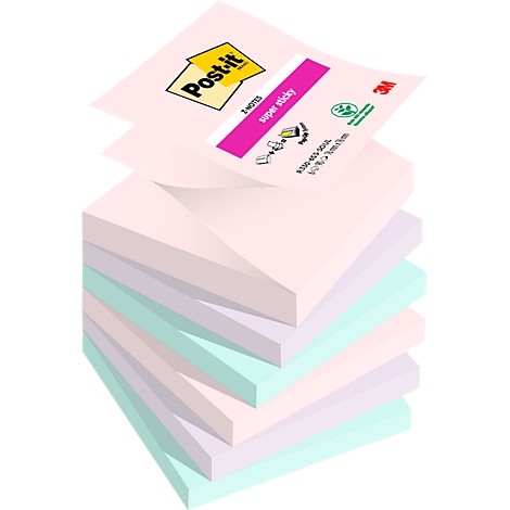 Ein Stapel bunter Post-it Zettel, oben liegt ein Post-it Block mit pinkem Label.