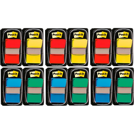 Vue de dessus de plusieurs blocs-notes Post-it de différentes couleurs, disposés dans un emballage noir. Chaque paquet est étiqueté « Post-it ».