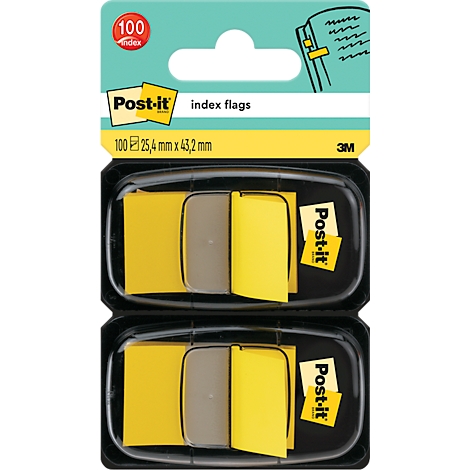 Drapeaux d'index Post-it jaunes dans un emballage noir. Imprimé : Post-it, drapeaux d'index, 100 pièces.