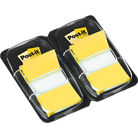Deux paquets de Post-it jaunes dans un emballage plastique noir.