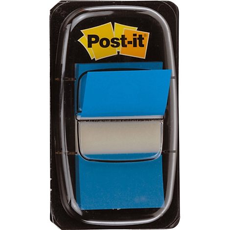 Post-it note pack. Blue blocks, half open in black plastic packaging.