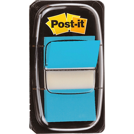 Blue Post-it notes in a black package with the Post-it logo.