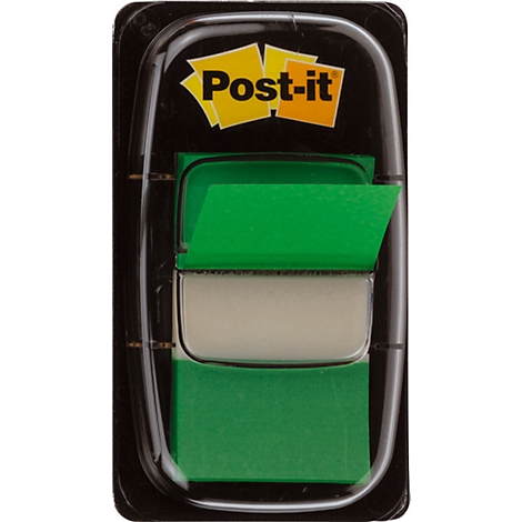 Green Post-it notes in black plastic packaging, partially opened.
