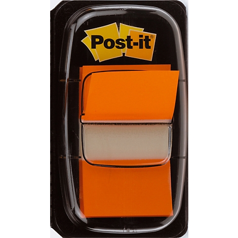 Post-it notes in a transparent plastic package. Orange notes on top with a white adhesive surface.