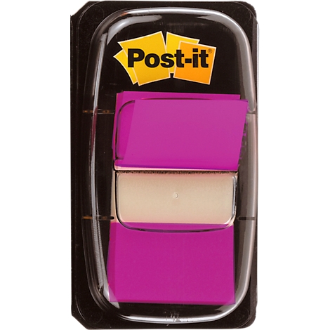 Post-it sticky notes in packaging, pink blocks. Post-it logo at the top, black background.
