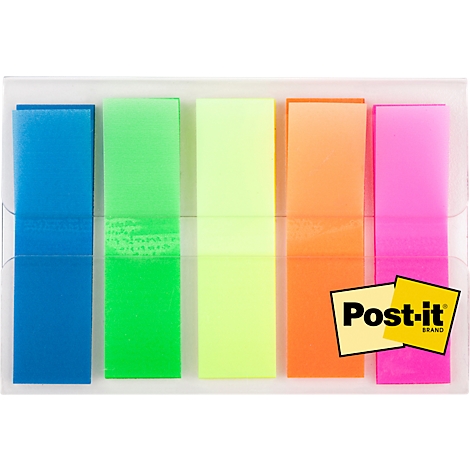 Fünf verschiedenfarbige Post-it-Haftnotizen in einem transparenten Behälter. Am rechten unteren Rand befindet sich das Post-it-Markenlogo.