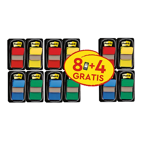Post-it plaknotities in verschillende kleuren. Opschrift: 8 + 4 GRATIS.