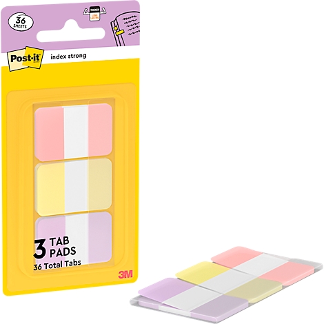 Post-it index strong zelfklevende notities met kleurrijke strepen. Verpakking met 36 tabs, naast enkele losse tabs.