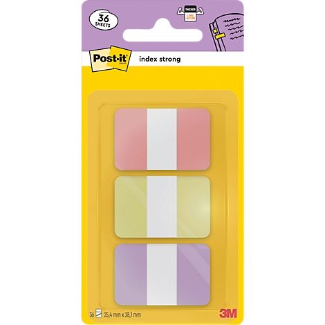 Verpakking met drie Post-it index markers in roze, geel en paars met een witte middenstreep. Tekst bovenaan luidt 'index strong'.