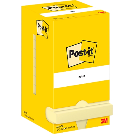 Bloc-notes Post-it jaunes dans une boîte distributrice avec le logo de la marque Post-it et le logo 3M.