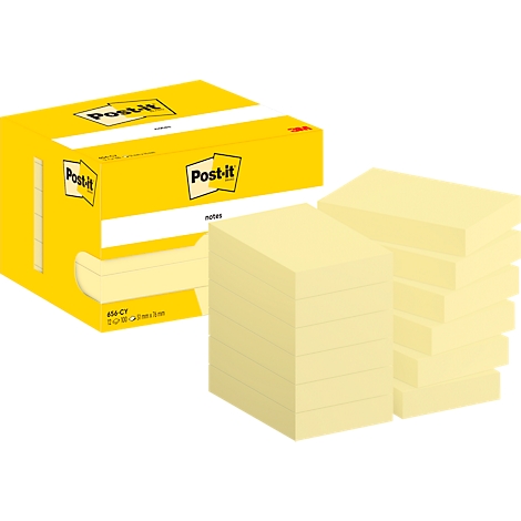 Blocs-notes Post-it jaunes et un emballage avec le logo Post-it.