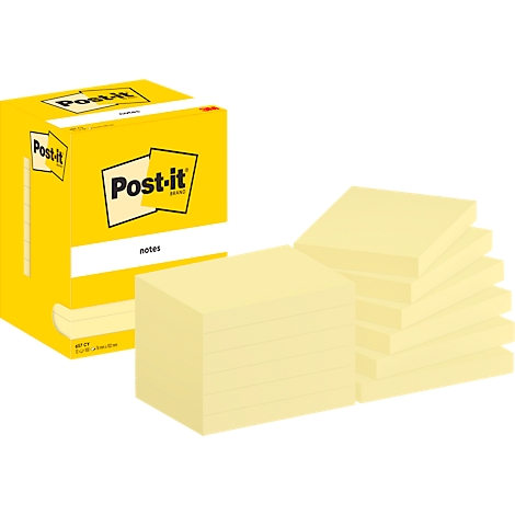Bloc-notes Post-it jaunes et un emballage avec logo. Des piles de notes et des emballages sont représentés côte à côte.