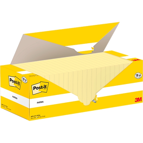 Bloc-notes Post-it jaune dans un emballage ouvert. Logo et lettrage. Le papier ouvert et sorti est sur le dessus.