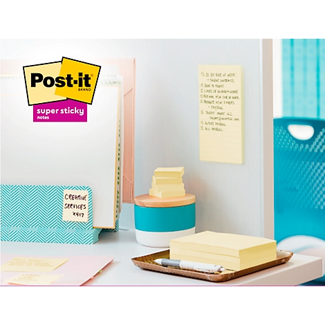 Des Post-it jaunes, partiellement décrits, dans un bureau. Des piles et des notes individuelles collent à un mur blanc. Plus sur la surface de la table.