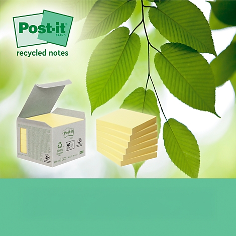 Des Post-it jaunes et des feuilles sur fond vert. Un paquet et une pile de notes.
