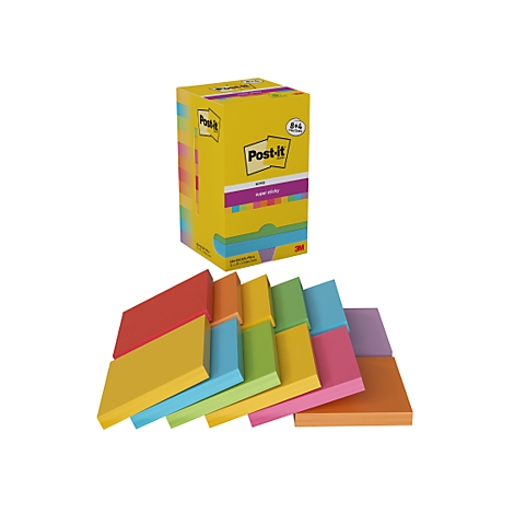 Bloc-notes Post-it jaune avec des notes adhésives colorées en dessous.