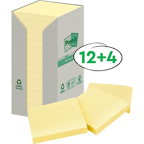Gele Post-it notes met verpakking. Er staat "12+4" in een cirkel, logo en tekst "100% recycled".
