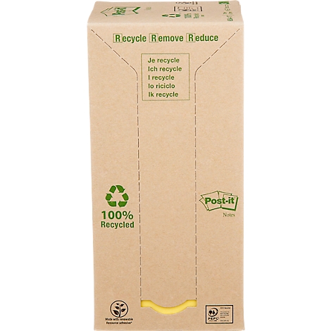 Een kartonnen doos van een Post-it-blok met een recyclingsymbool en tekst die de recyclebaarheid benadrukt.
