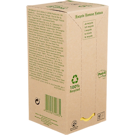 Een rechthoekige bruine doos met tekst. Op de zijkant staat "Recycle Remove Reduce" en "100% Recycled". Gele Post-it notes steken uit de doos.