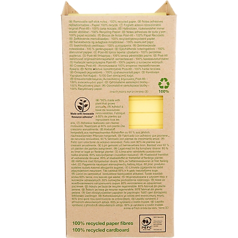Kartonnen verpakking met tekst, met gele plaknotities. De verpakking zegt '100% gerecyclede papiervezels' en heeft een afbeelding.