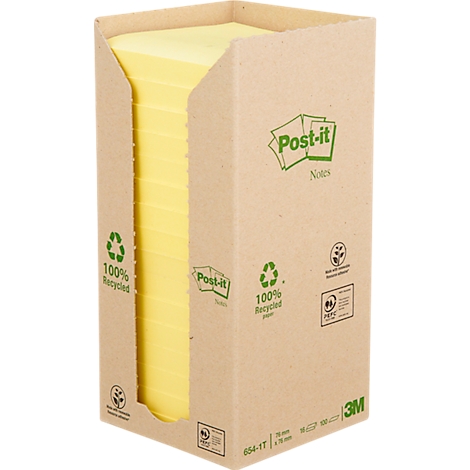 Een gele Post-it notitieblok in een bruine kartonnen doos, met recyclinglogo en Post-it logo.