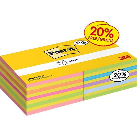 Gele Post-it blok met gekleurde briefjes. Bedrukt: 20% gratis.