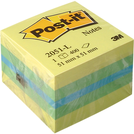 Square Post-it note block, wrapped in clear plastic. Yellow sticky notes with blue-green accents.