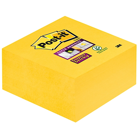 Yellow Post-it block; prints: Post-it, Super Adhesive, Super Sticky, 3M logo.