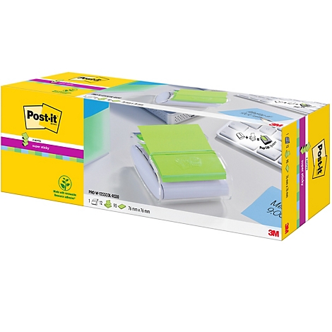 Gele Post-it verpakking met een groene dispenser en plaknotities op een bureau.
