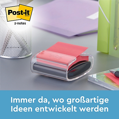 Rode Post-it notes in een transparante dispenser op een bureau, met mappen op de achtergrond. Daaronder staat de tekst: Altijd daar waar geweldige ideeën worden ontwikkeld.