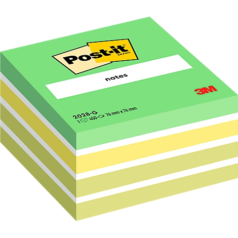 Een groene Post-it blok met gele en witte strepen. Boven staat "Post-it", daaronder "notes". Inscriptie: 3M, 76 mm x 76 mm.