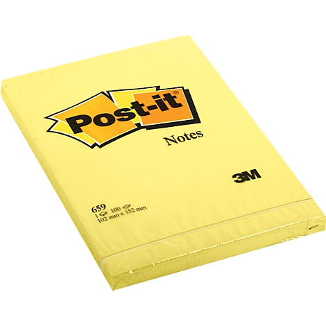 Yellow Post-it notes with the Post-it logo. The packaging says "Notes" and "3M".
