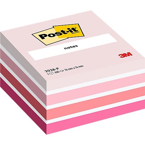 Bloc-notes Post-it rose clair avec texte « notes », logo 3M et marque « Post-it ».