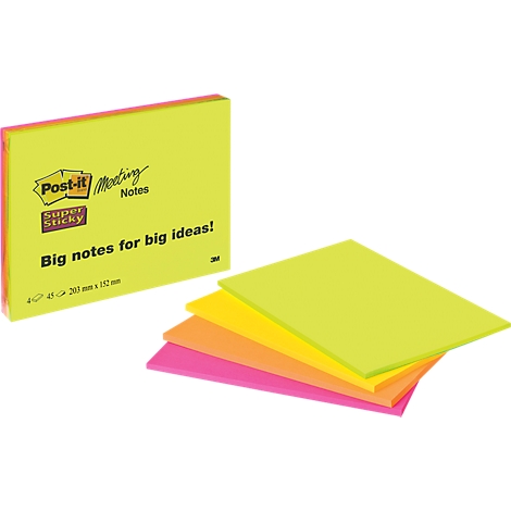 Neon-colored Post-it note pads. A stack of pads next to it. One pad reads: "Big notes for big ideas!"