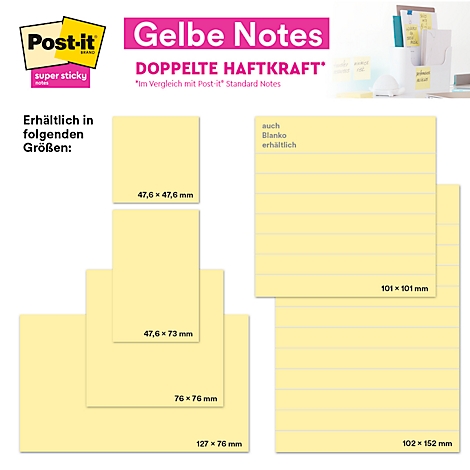 Reclamebeeld voor gele Post-it-notities in verschillende maten. Tekst: Gele Notes, dubbele hechting. Maatspecificaties zijn zichtbaar.
