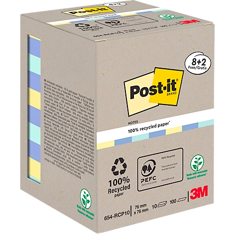 Een vierkante doos met Post-it notes in pastelkleuren. De verpakking bevat informatie over gerecycled papier en het merk Post-it.