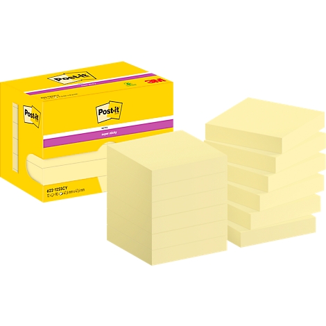 Yellow Post-it note pads and a yellow Post-it package with purple accents.