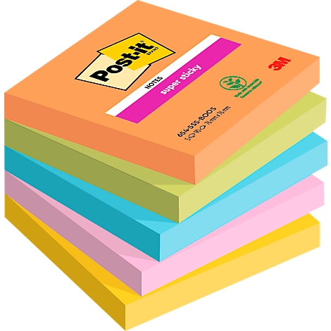 A stack of Post-it notes in various colors, orange, green, blue, pink, and yellow, with print.