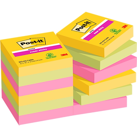 Multi-colored Post-it note pads: yellow, pink, and green. Text: Post-it, super sticky.