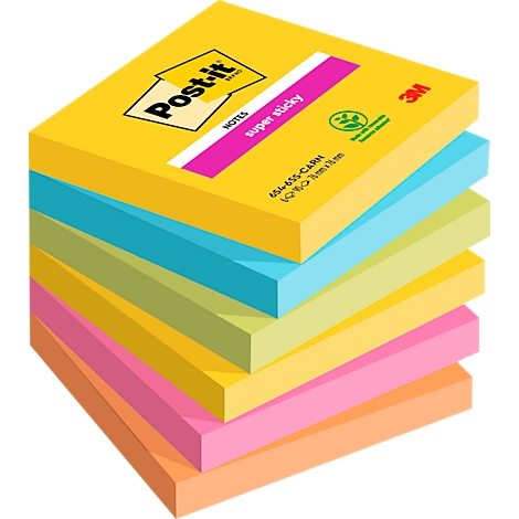 A stack of different colored Post-it notes. On top, a yellow block with print, below blue, green, yellow, pink and orange.