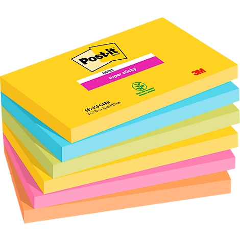 A stack of colorful Post-it notes. Yellow, blue, green, pink, and orange. The top one says "Post-it super sticky".